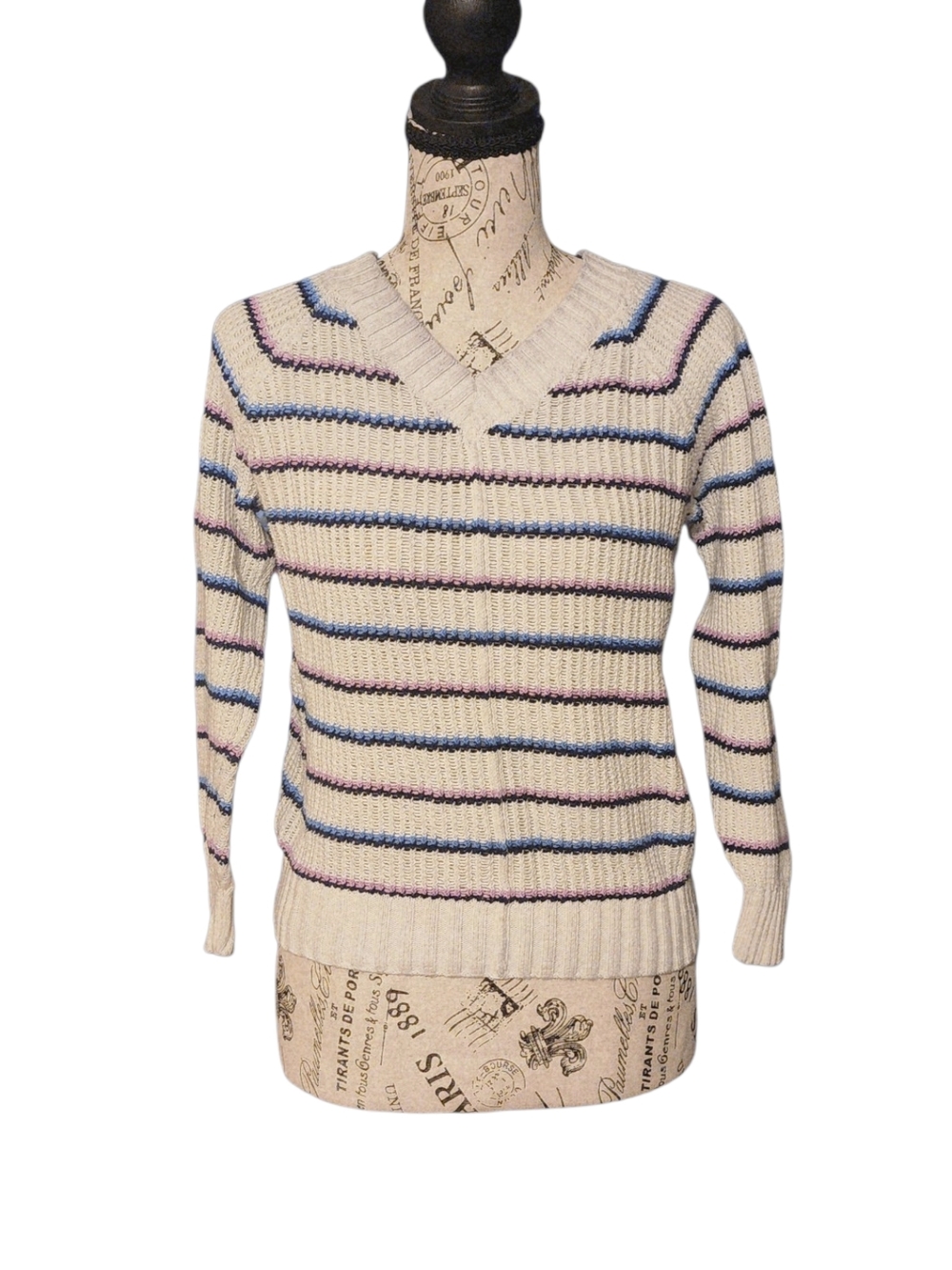Loft Striped V-Neck Open Stitch Sweater, Size SP
